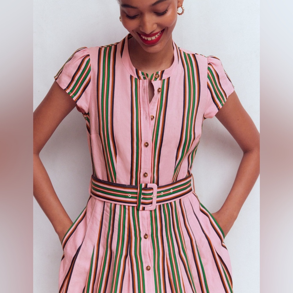 NWT Boden Arabella Linen Blend Dress in Pink Rich Emerald Stripe - Picture 2 of 13
